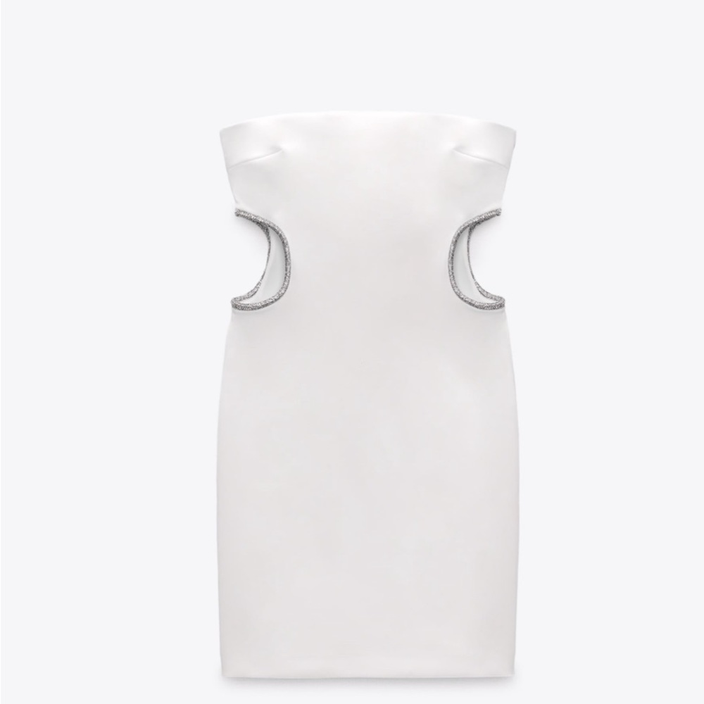 Zara STRAPLESS CUT OUT RHINESTONE Mini DRESS White NWT - Picture 5 of 5